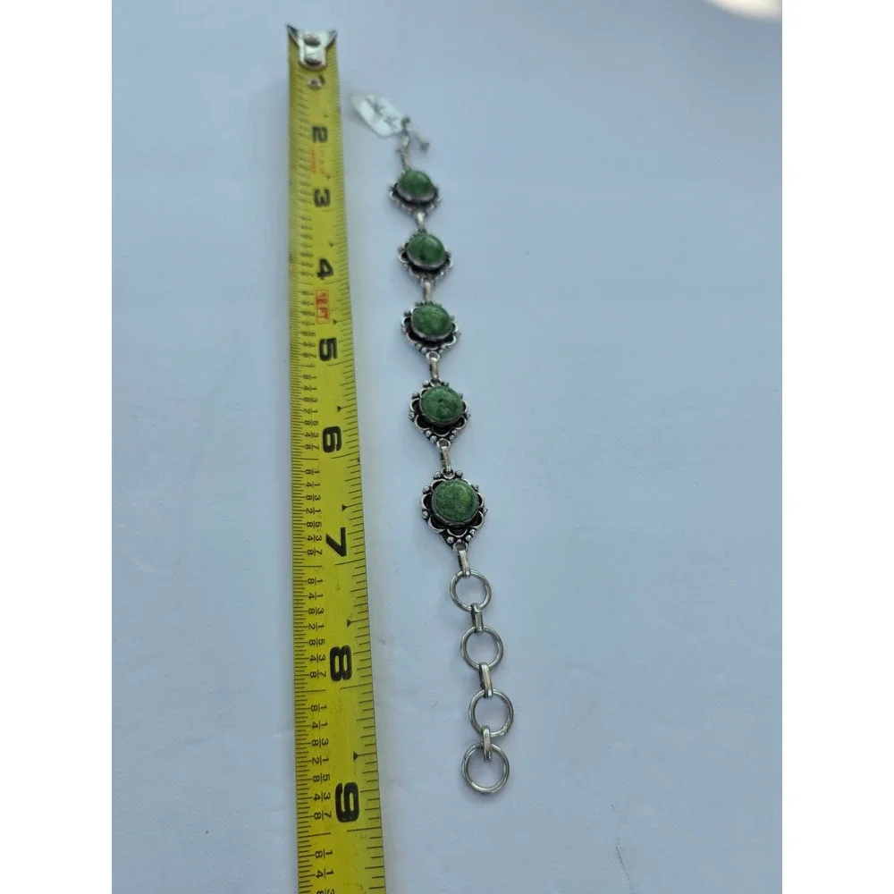 Green Turquoise Silver Tone Floral Link Bracelet Adjustable Toggle Clasp 8.75in